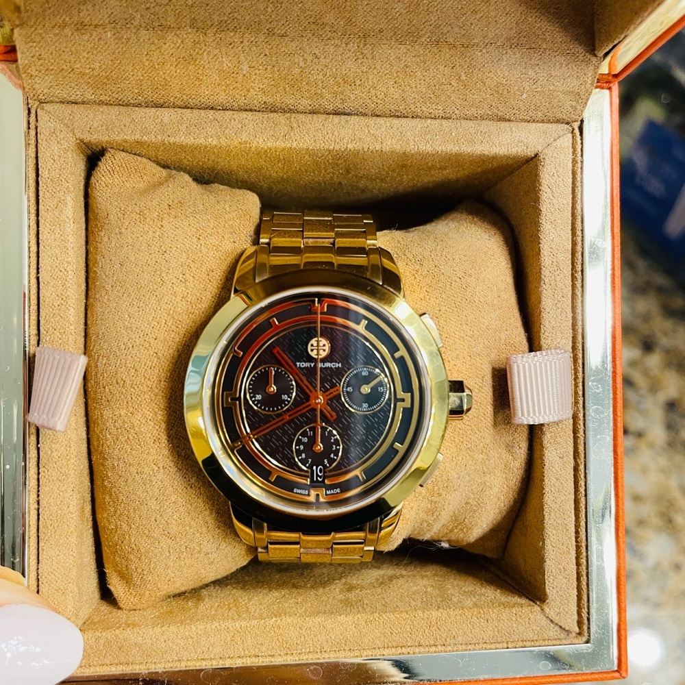 Tory Burch Gold-tone Watch with Black Dial and Red Accents